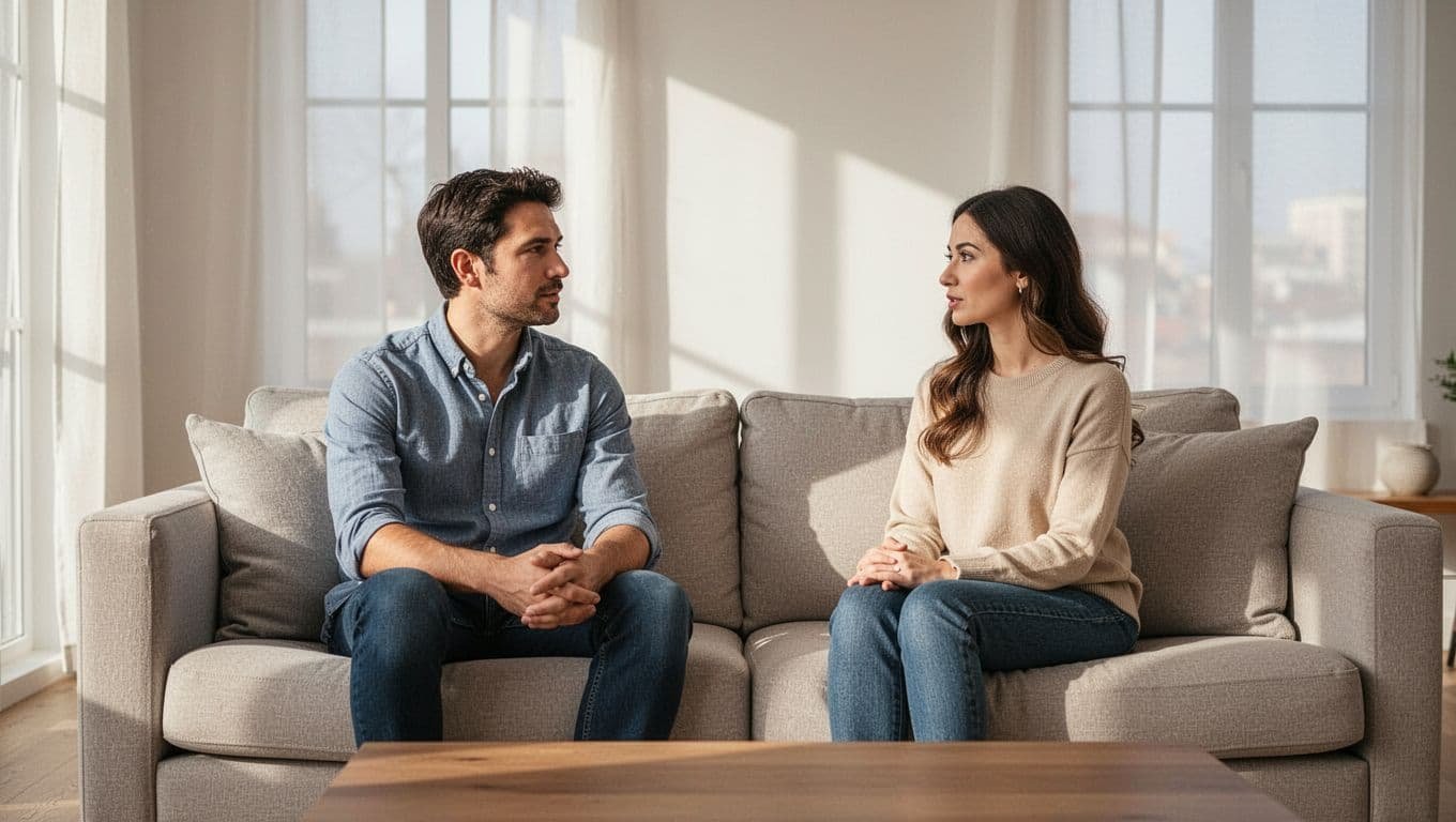 Man and woman sit facing each other on a couch in a bright modern living room, talking calmly with relaxed postures.