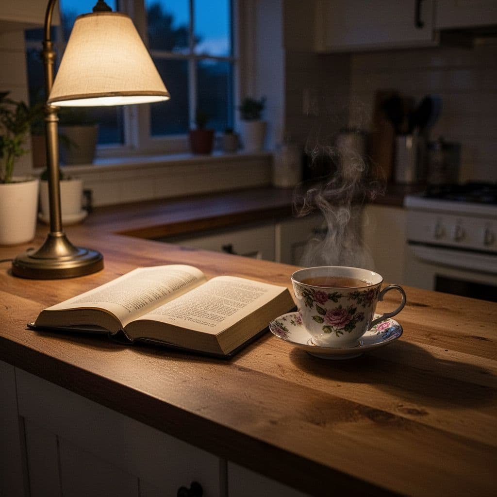 A teacup and closed book sit on an organized kitchen counter bathed in warm twilight glow.