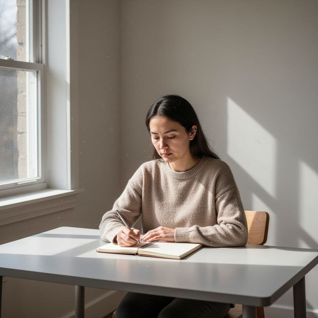 Person sits calmly at organized desk with notebook, sunlight through window, no devices.