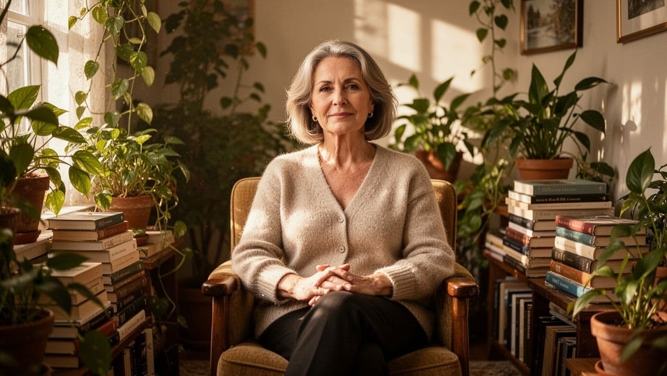 Middle-aged woman sits calmly in sunlit room with plants and books, hands on lap, relaxed expression.