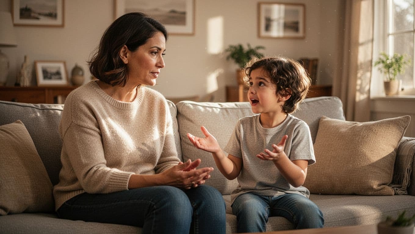 Parent and 8-year-old child sit on couch in living room, parent calm as child gestures strongly, afternoon light through window.