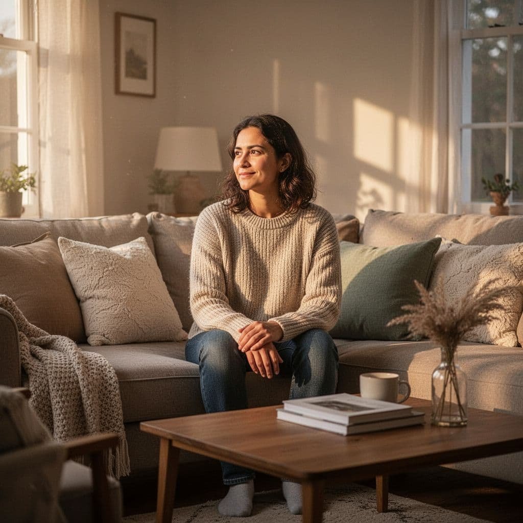 Calm person sits on sofa in brightly lit cozy living room, looking warmly off-camera.