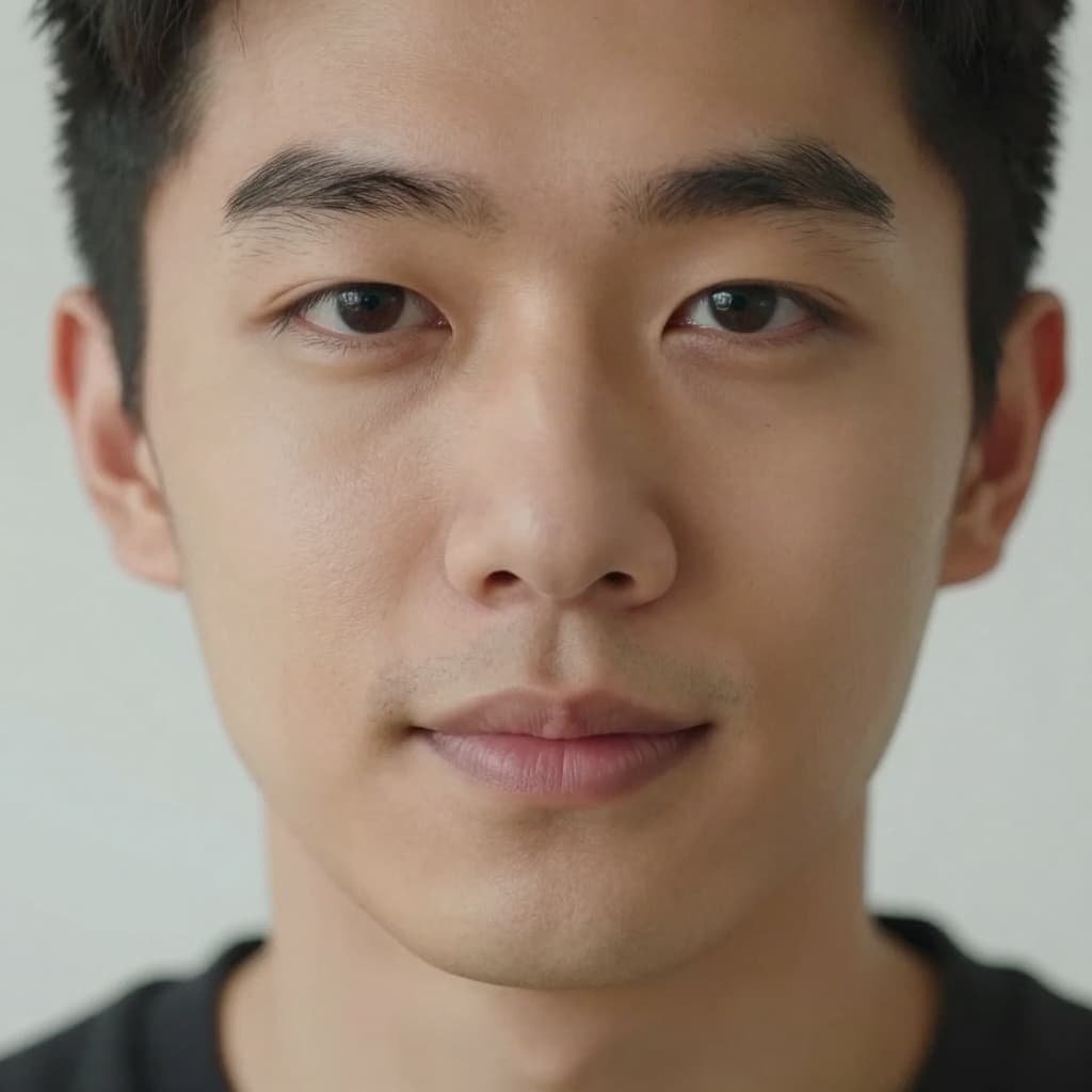 Close-up of a person with calm relaxed face and dropped shoulders making steady eye contact.