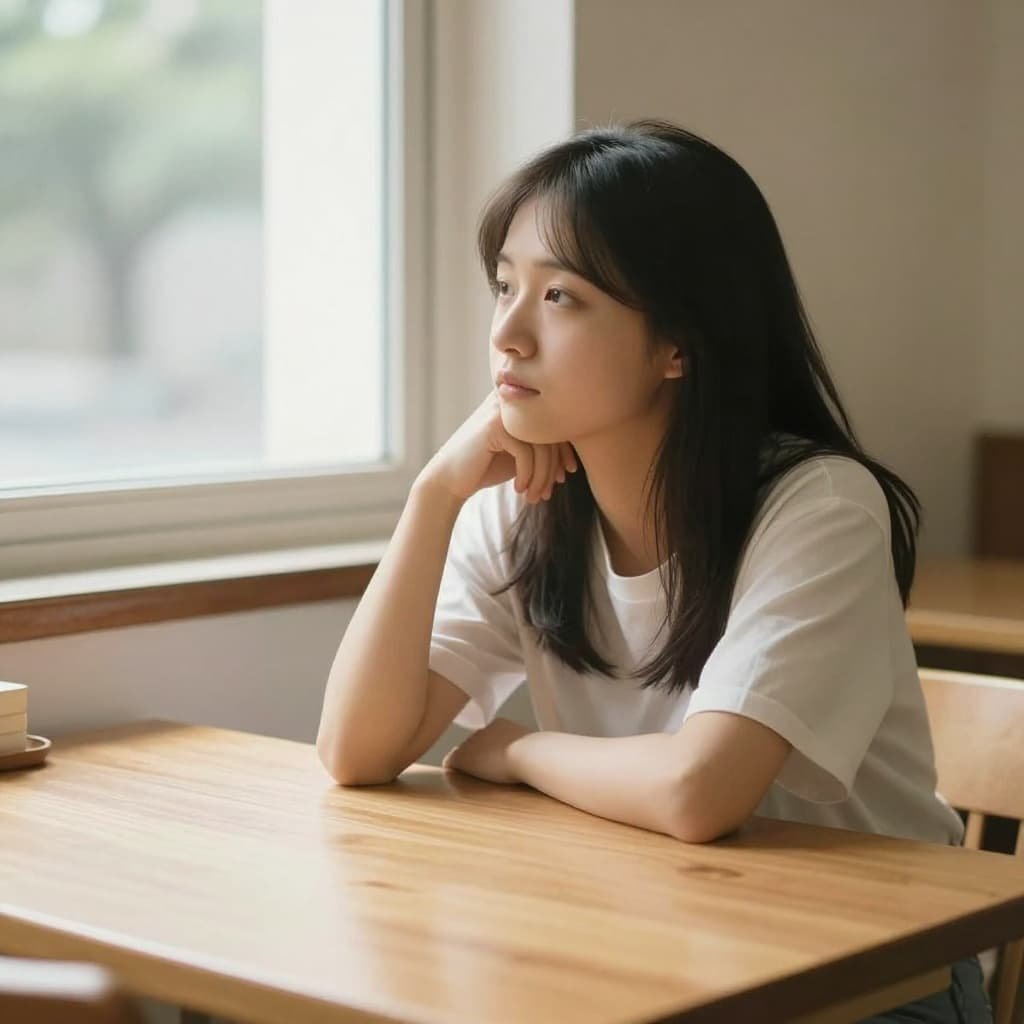 A person sits calmly at a wooden table in a sunlit room, looking thoughtful.