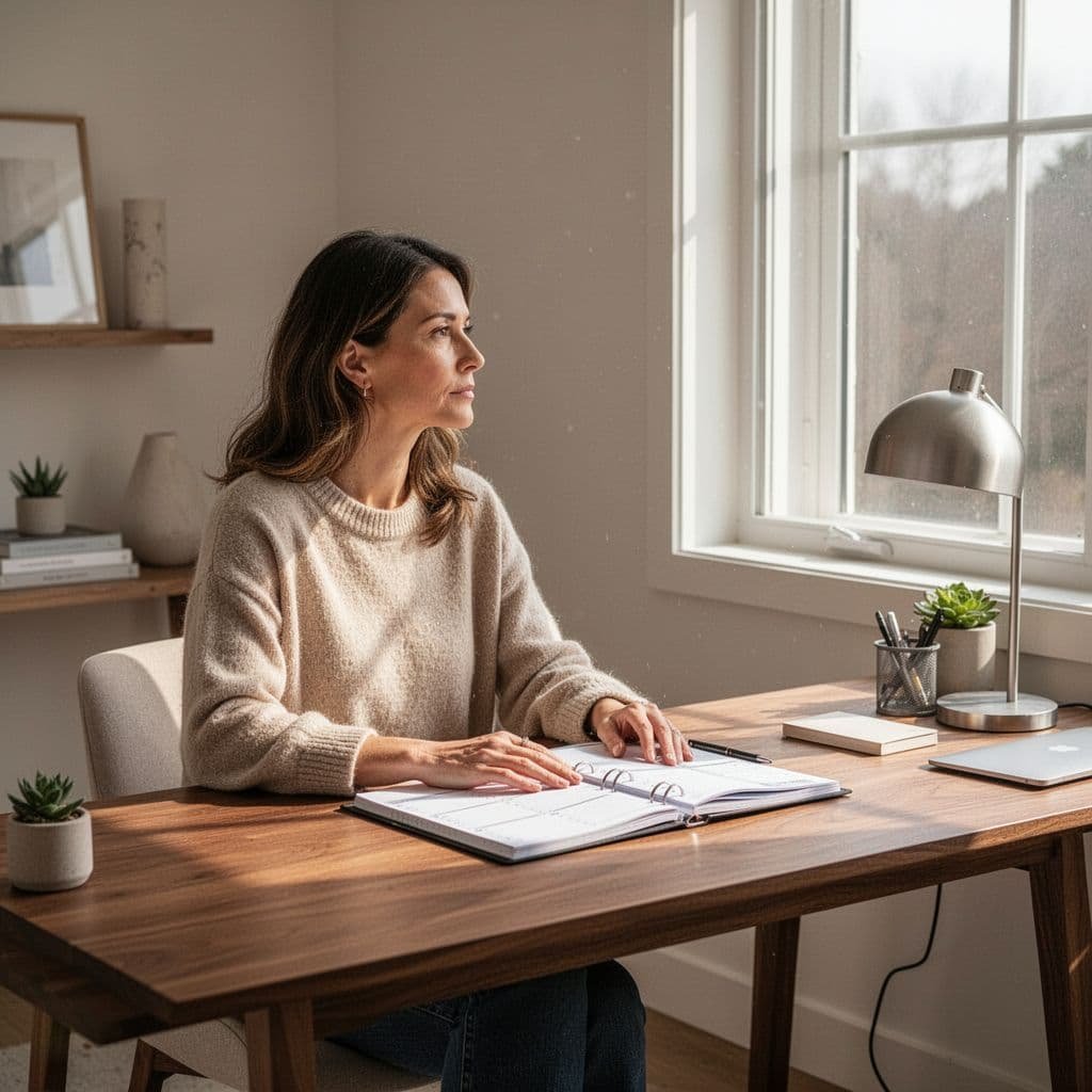 Woman sits at wooden desk with open planner, looking calmly out window.