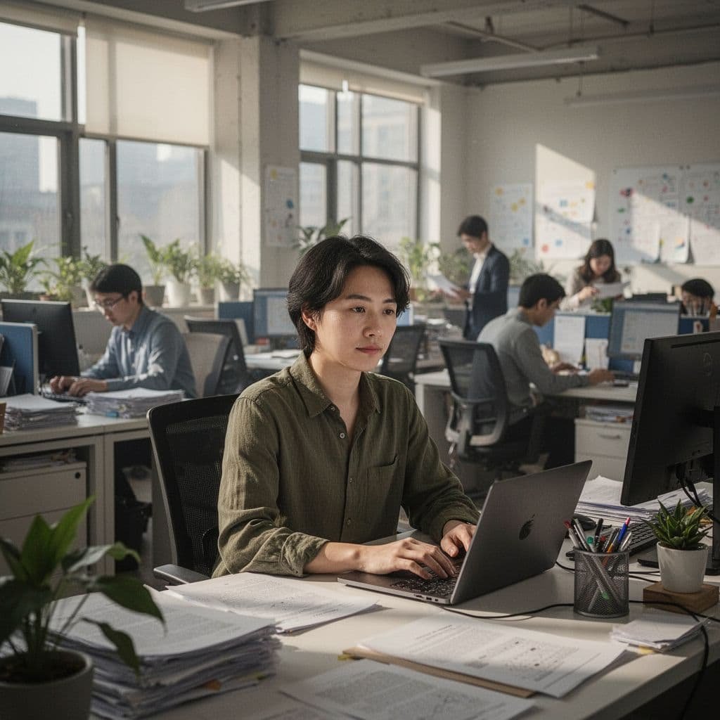 Person works calmly at desk in busy chaotic office.