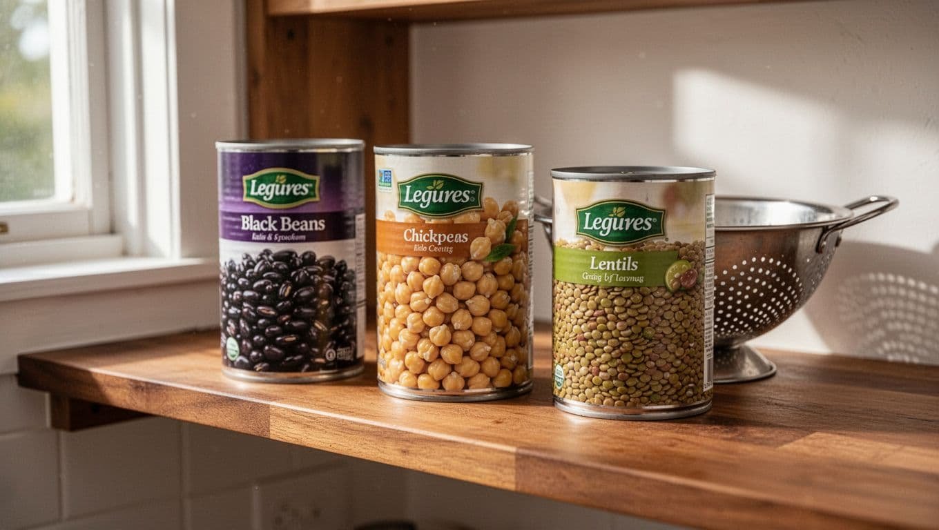 Three cans of black beans, chickpeas, and lentils on a wooden kitchen shelf next to a colander in natural daylight.