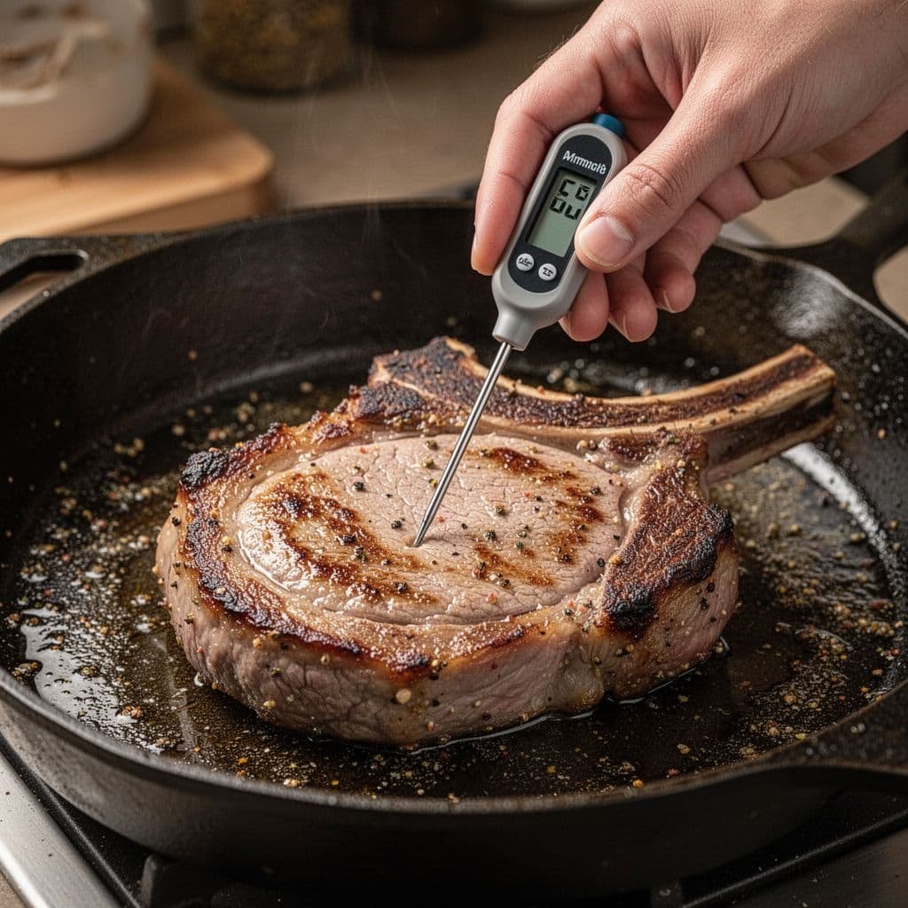 A hand inserts a digital meat thermometer into a seared bone-in pork chop inside a cast-iron skillet.