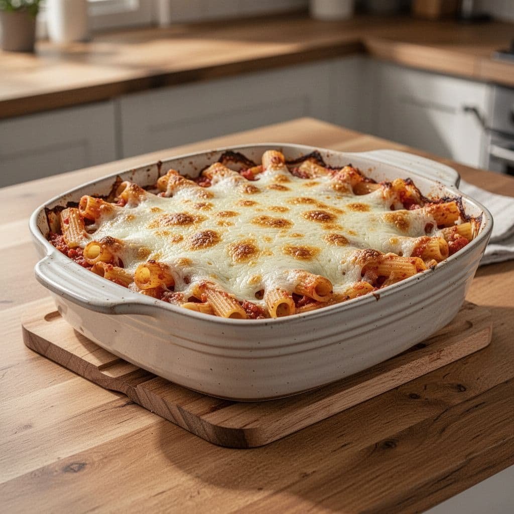 A close-up of bubbling melted cheese over baked ziti in a ceramic pan on a wooden counter.