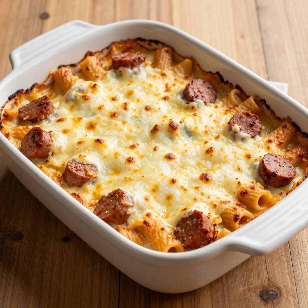 A close-up view of bubbling baked ziti with Italian sausage in a rustic ceramic baking dish.