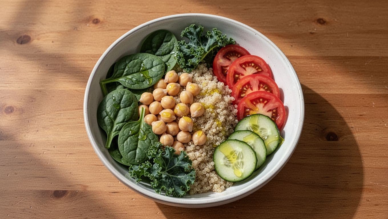 Top view of chickpea bowl with quinoa, spinach, kale, sliced tomatoes, cucumber, and olive oil lemon dressing on wooden table.