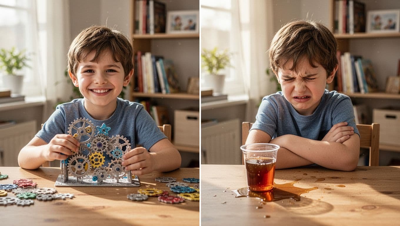 Split image of 7-year-old at wooden desk: smiling assembling 3D gear puzzle left, frowning arms crossed over spilled juice right.