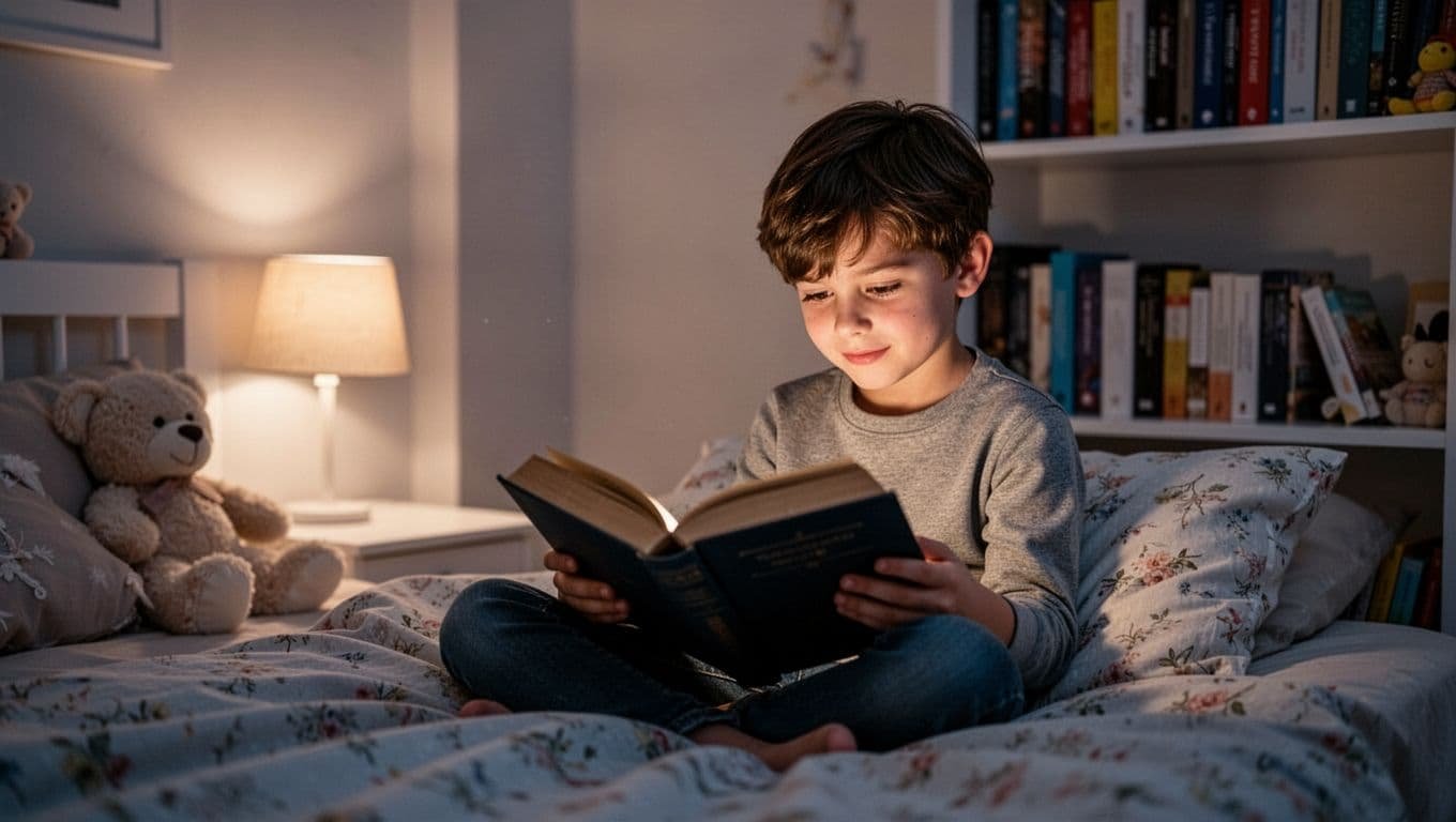 9-year-old child reads thick book on bed in cozy evening bedroom with lamp light and bookshelves.