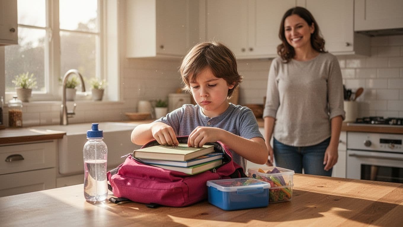 8-year-old child puzzles fitting books lunchbox and water bottle into backpack on kitchen table parent watches smiling from background.