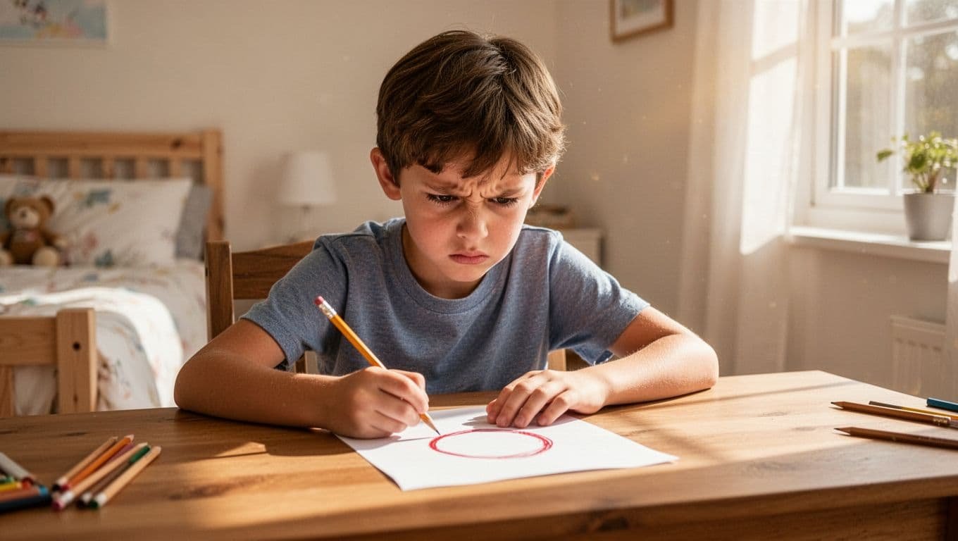 10-year-old child with furrowed brow stares tensely at math worksheet's red-circled wrong answer, clenching pencil at wooden desk.