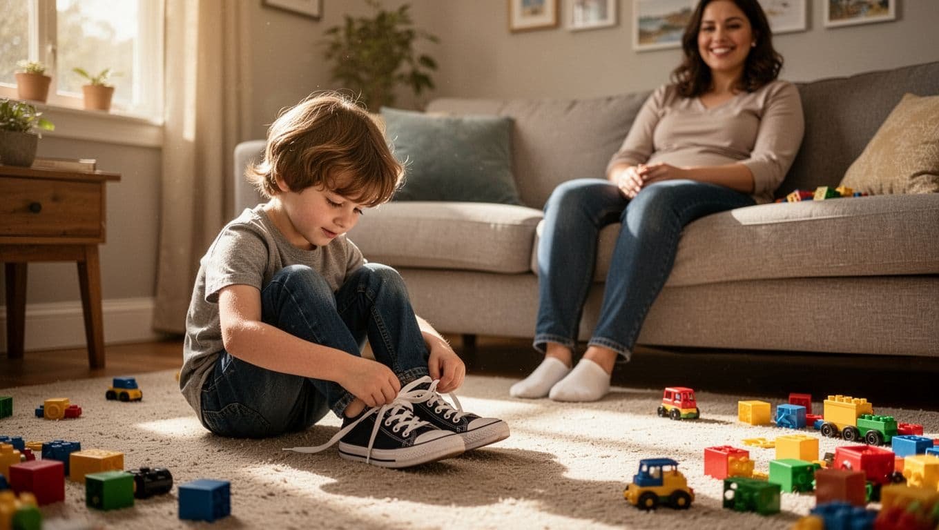 Child on living room floor struggles to tie sneaker laces, parent watches encouragingly from couch.