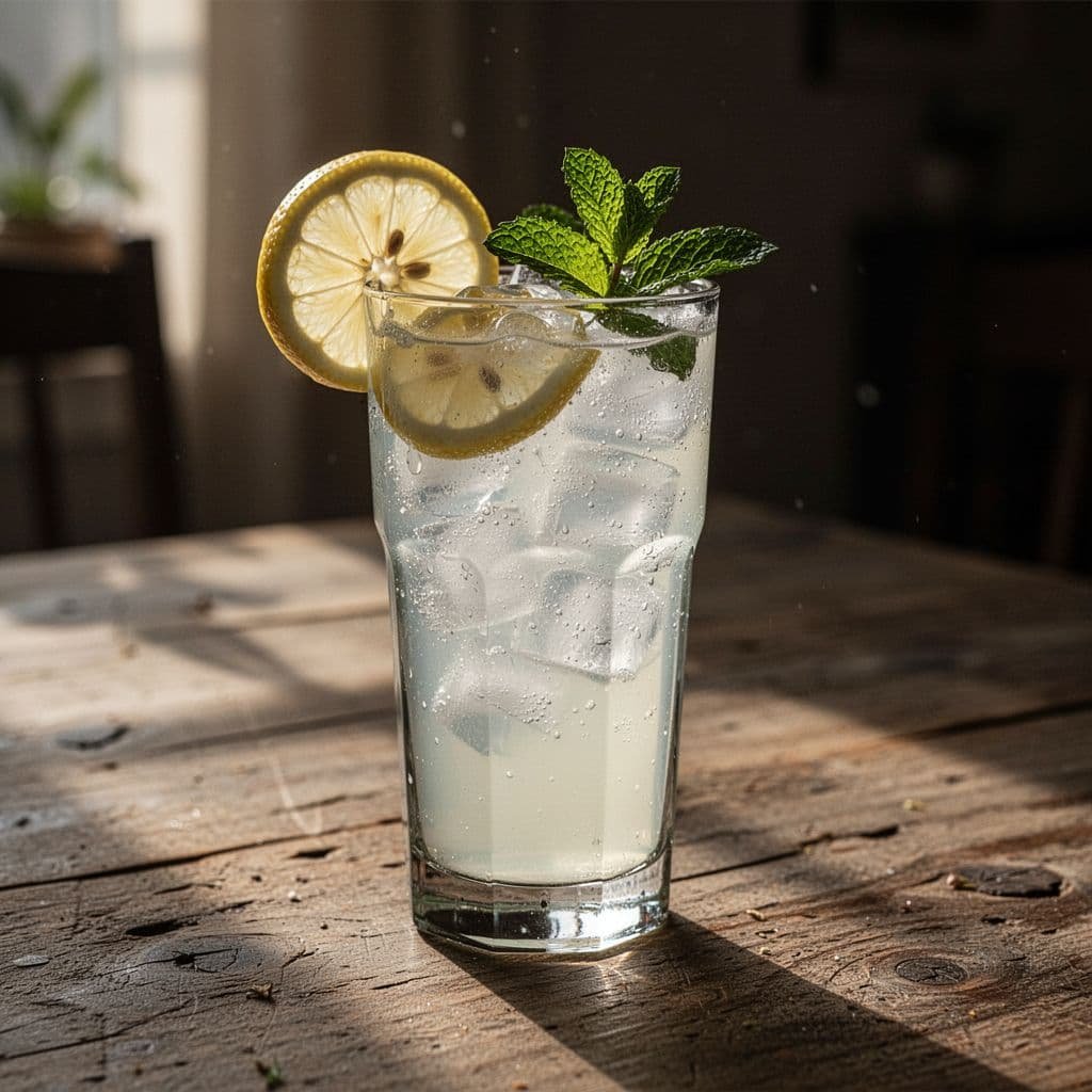 A tall glass of iced lemonade garnished with lemon and mint sits on a rustic wooden table.