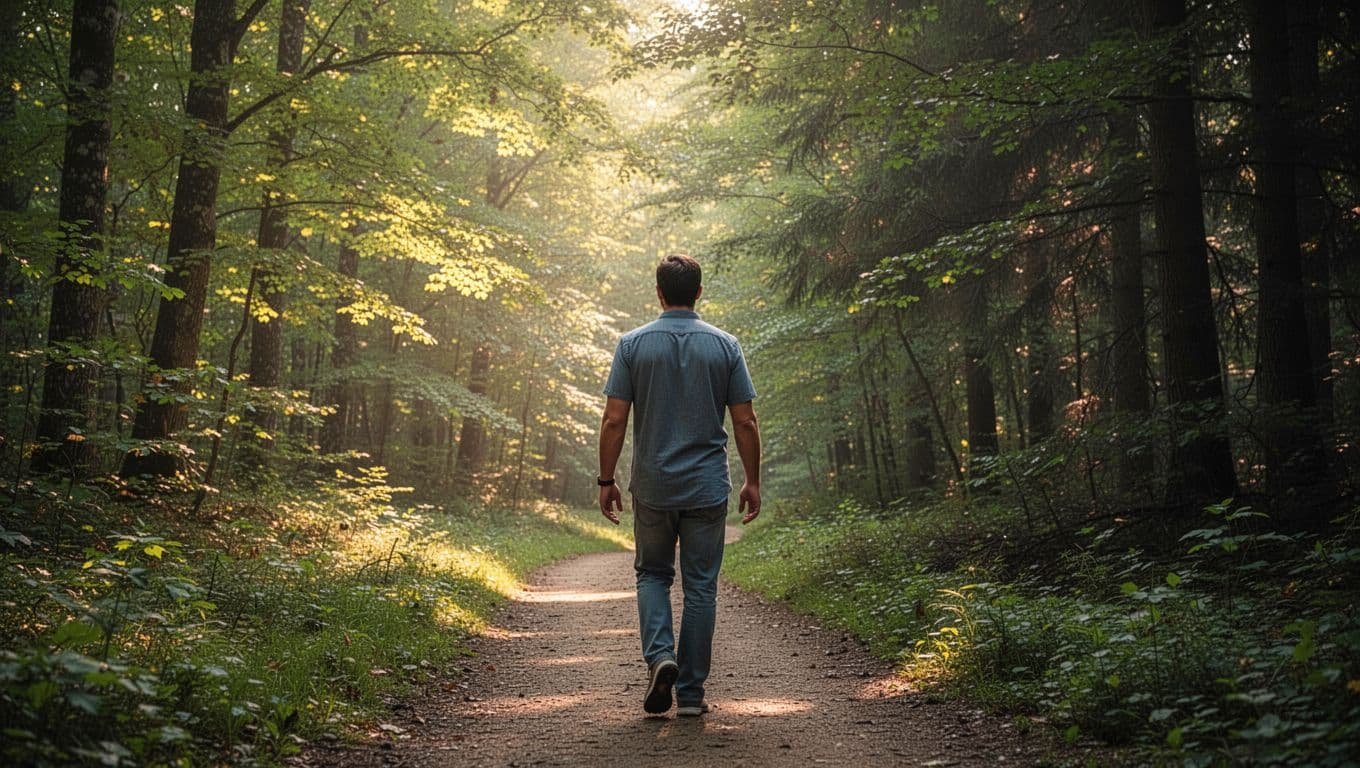 Solitary adult from behind strides toward sunlit open path at forest fork, away from dim shadows.