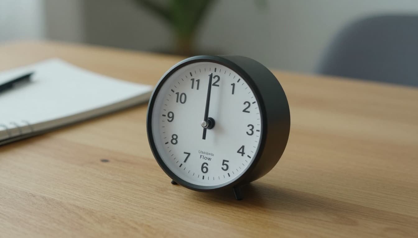 Circular kitchen timer on wooden desk with notebook and pen.