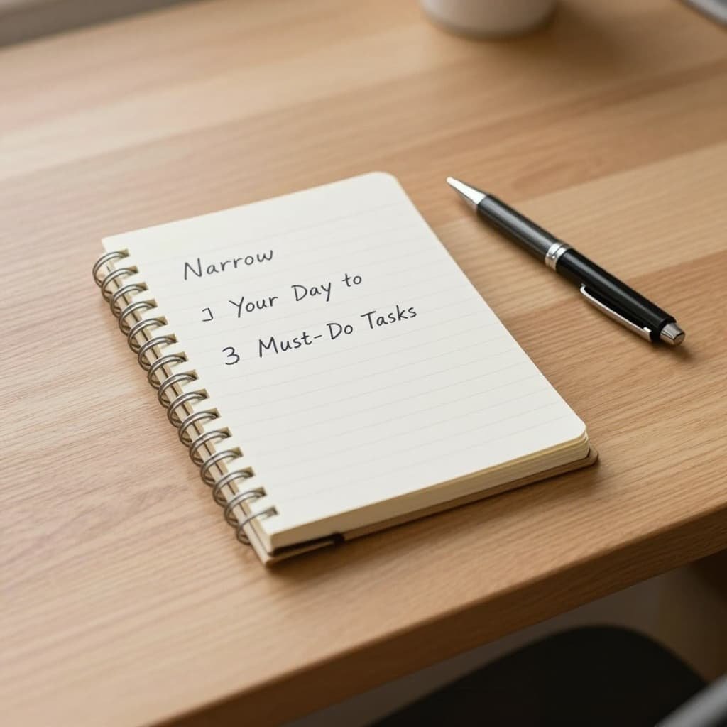 Clean wooden desk with open notebook showing handwritten list of three items and nearby pen.