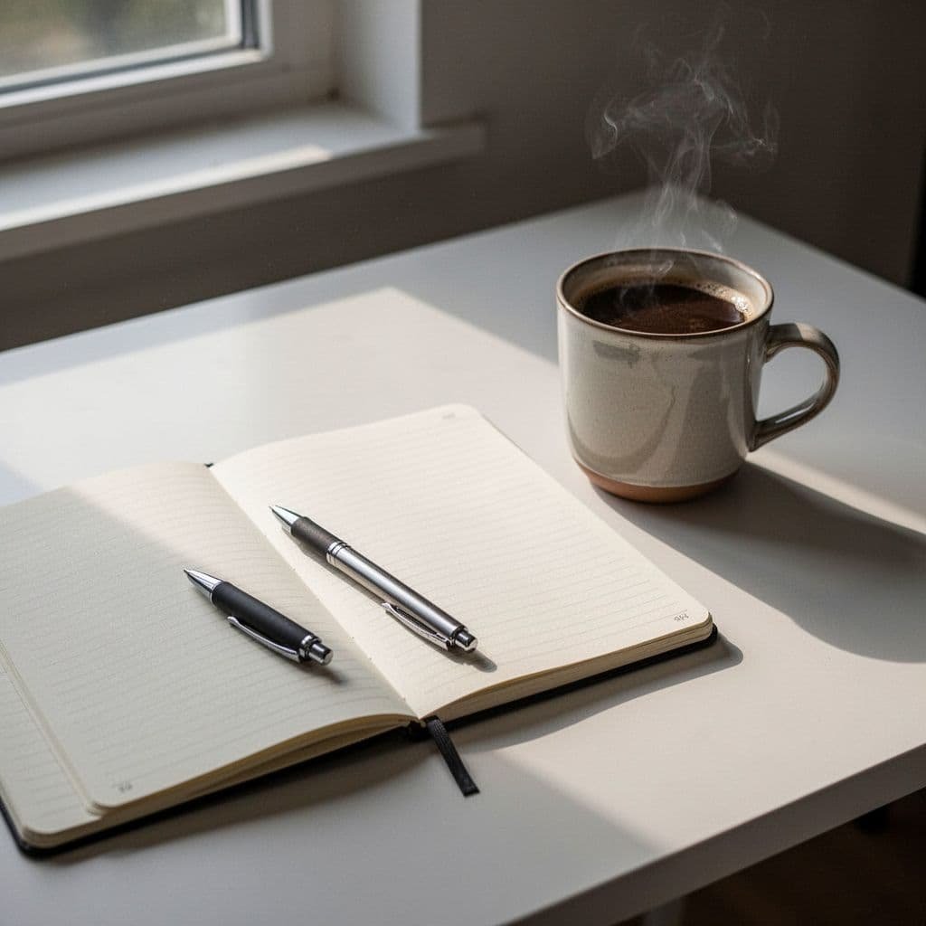 Clean desk with open notebook showing handwritten numbered task list, pen, and coffee cup in morning sunlight.