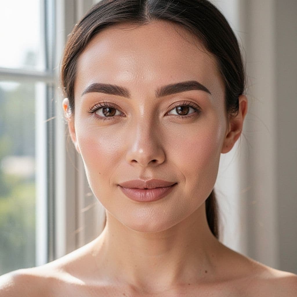 Close-up of woman's clear calm face with even skin tone and subtle glow in soft natural light.