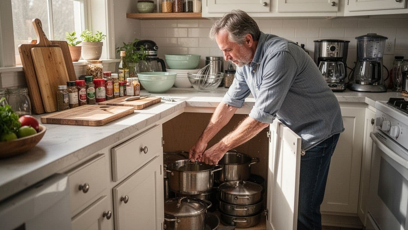 Frustrated middle-aged cook reaches awkwardly into deep open base cabinet with buried pots and pans, counters piled with boards spices bowls appliances.
