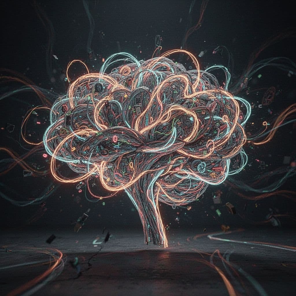 Glowing interconnected lines, blurred light trails, and chaotic swirling shapes in a dark moody space.