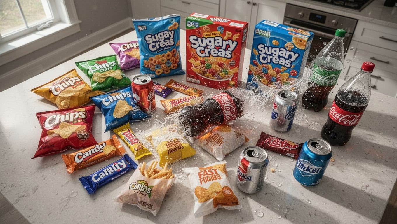 Top-down view of kitchen table cluttered with colorful chip bags, candy bars, sugary cereal boxes, fast food wrappers, and fizzing soda cans and bottles.