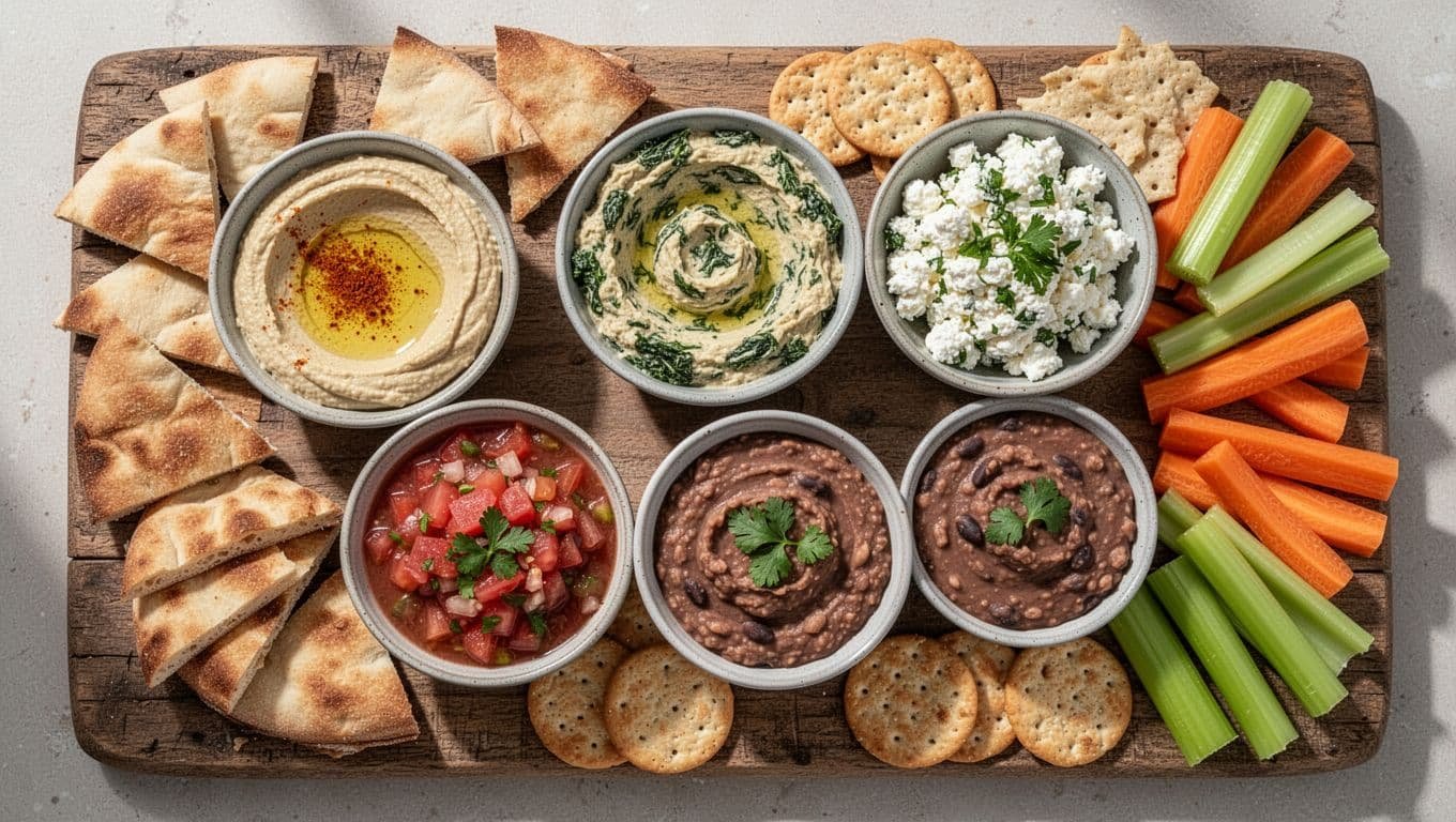 Overhead view of hummus, spinach artichoke dip, whipped feta, tomato salsa, and bean dip on rustic wooden board with pita wedges, crackers, carrot and celery sticks.