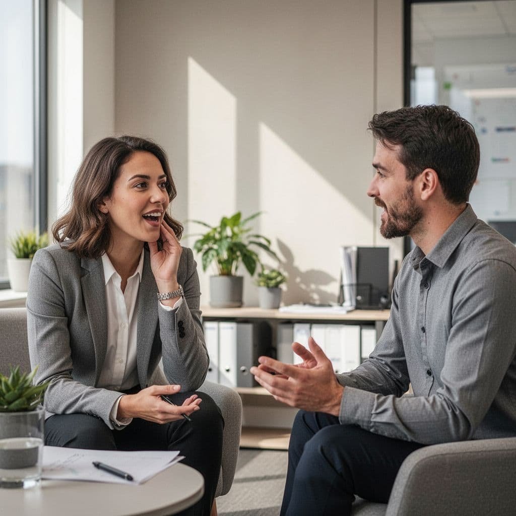 Two colleagues converse calmly in a bright modern office, one listening attentively.