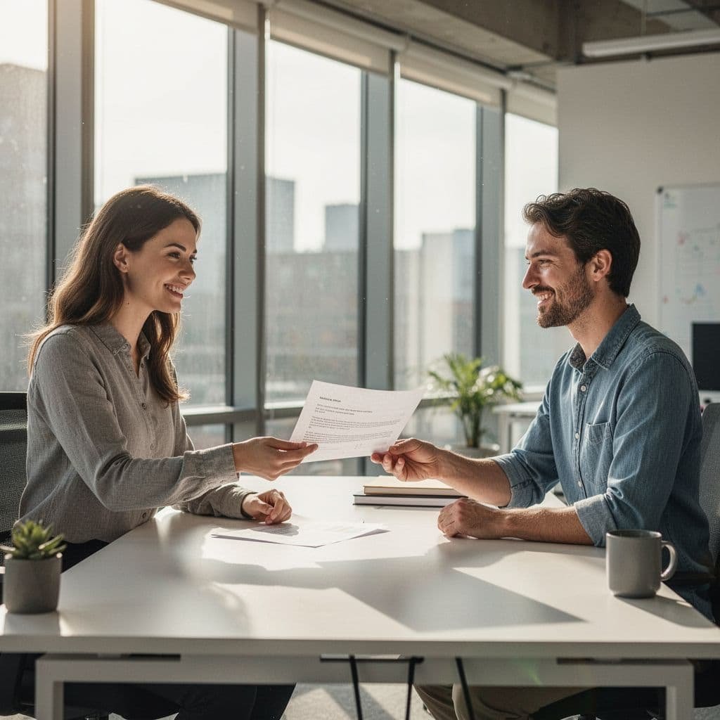 Two colleagues sit at a clean table in a bright office, one passing a document to the other.