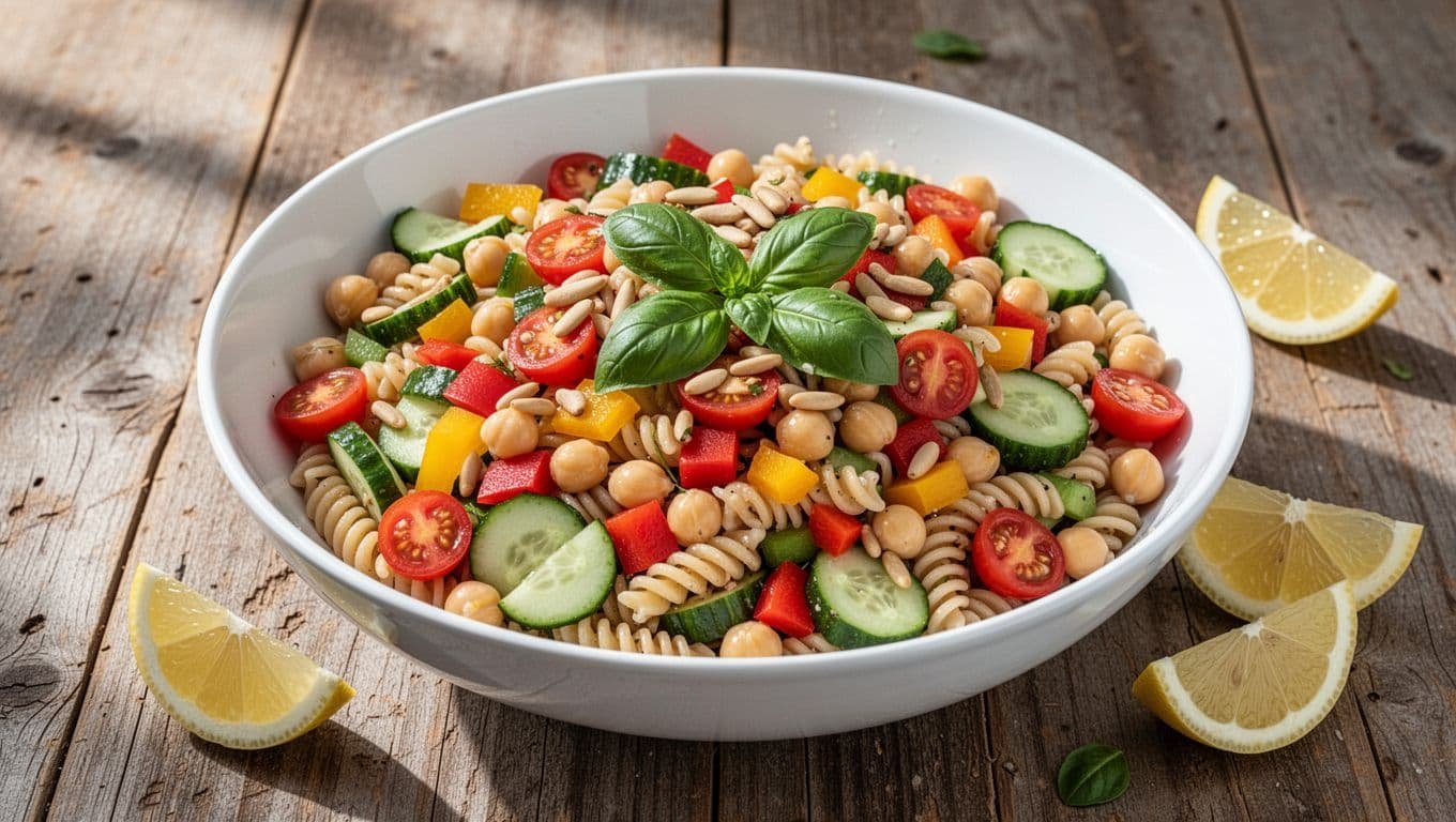 White bowl of rotini pasta salad with chickpeas, bell peppers, cucumbers, tomatoes, basil, pine nuts, lemon wedges on wooden table.