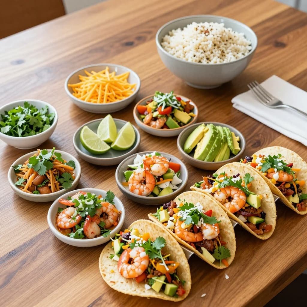 An overhead view of small bowls filled with fresh cilantro, lime, avocado, cheese, and cauliflower rice.