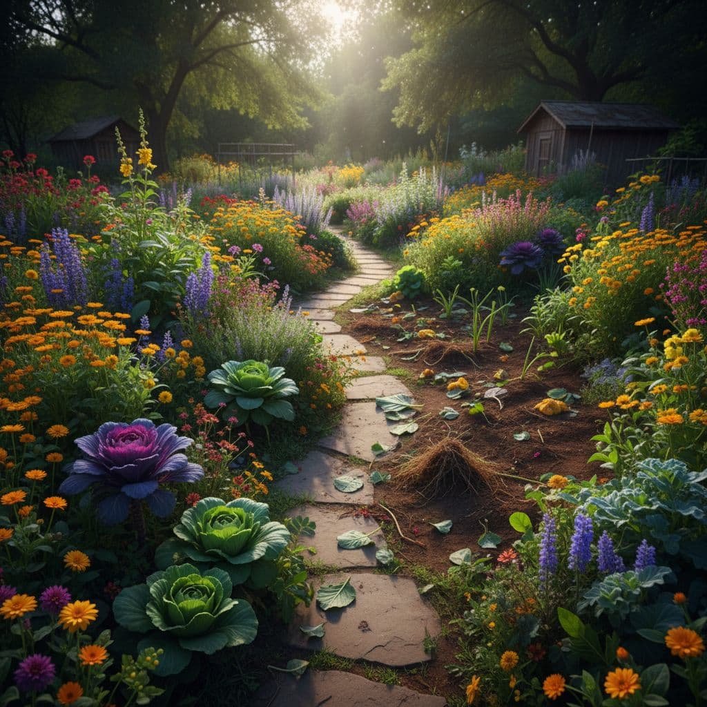 A diverse community garden with lush flowers shows patches of cleared soil representing disrupted gut flora.