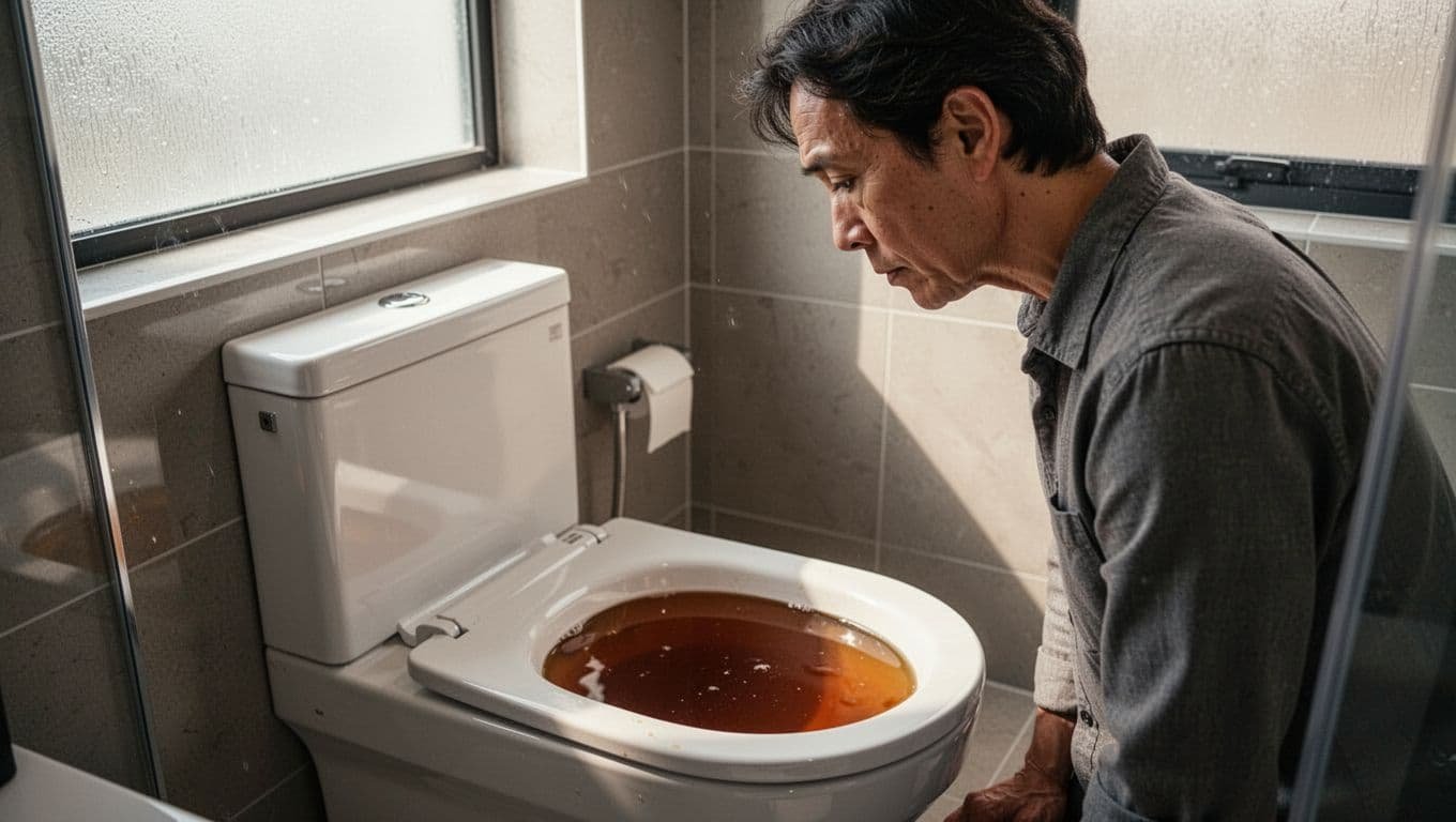 Person glances at dark tea-colored urine in toilet bowl with concerned expression in modern bathroom.