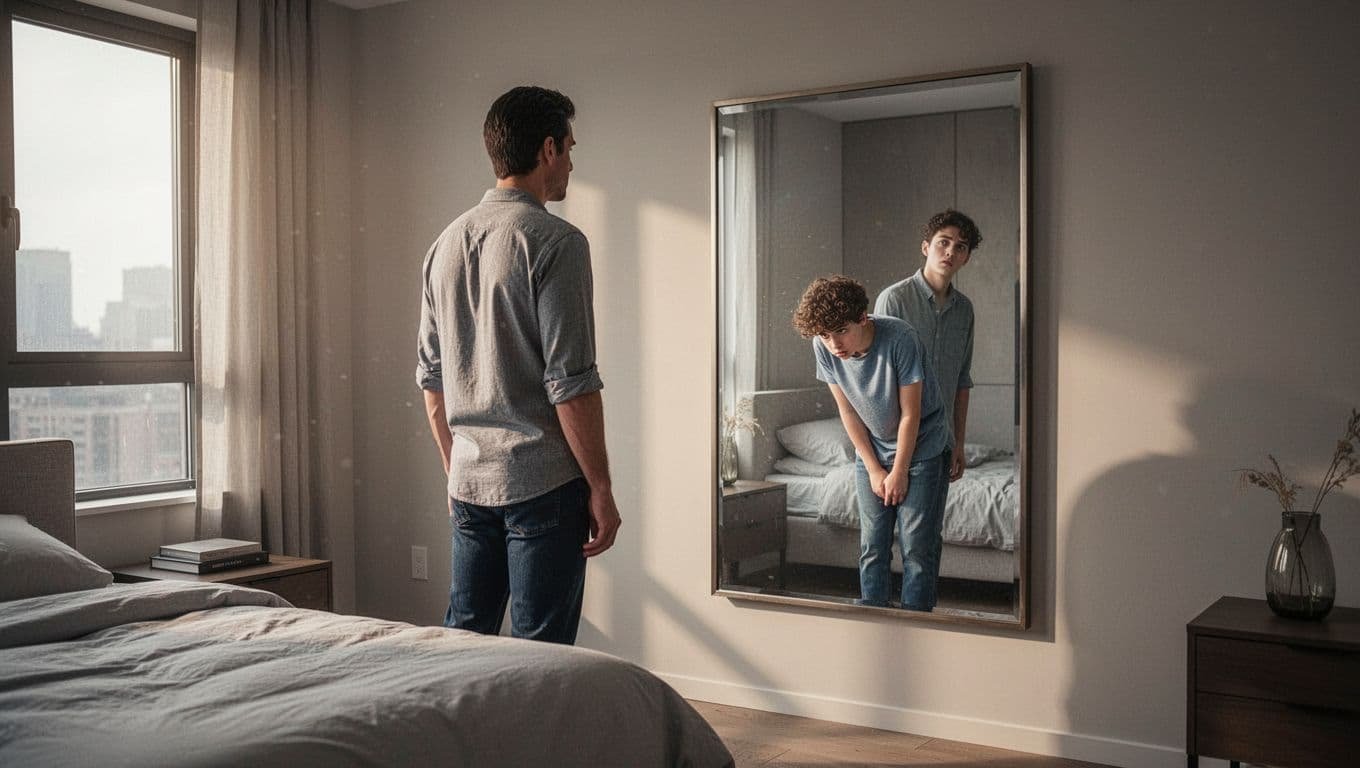 Confident adult stands straight before mirror showing slouched younger insecure self in modern bedroom with morning light.