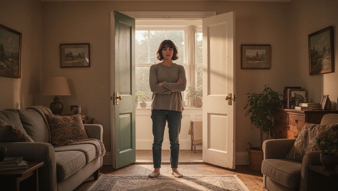 One person stands relaxed with arms loosely crossed in a cozy living room, facing an open door with soft afternoon light.