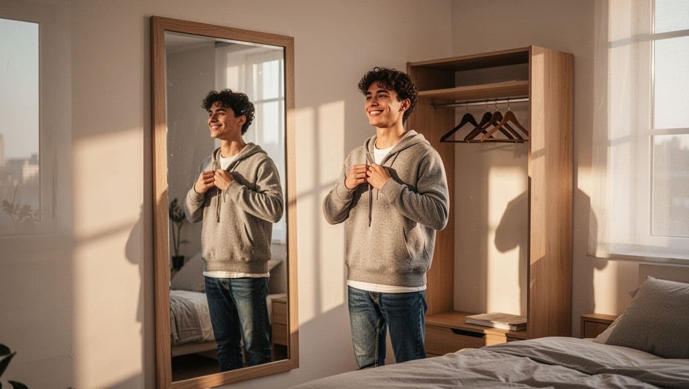 Young adult stands in modern bedroom adjusting outfit before mirror with relaxed smile in natural morning light.