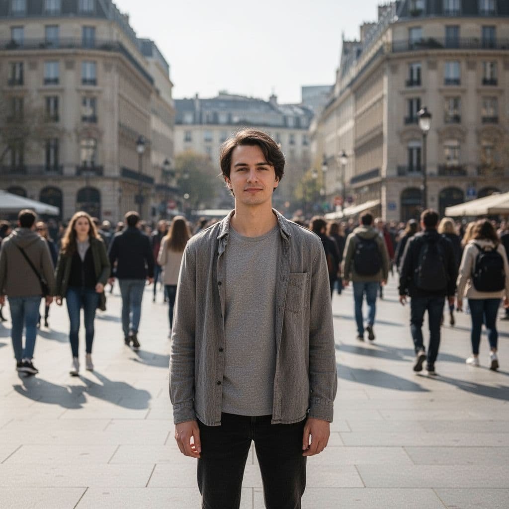 A person stands calmly with relaxed confident expression in blurred crowded urban square, bright daylight.