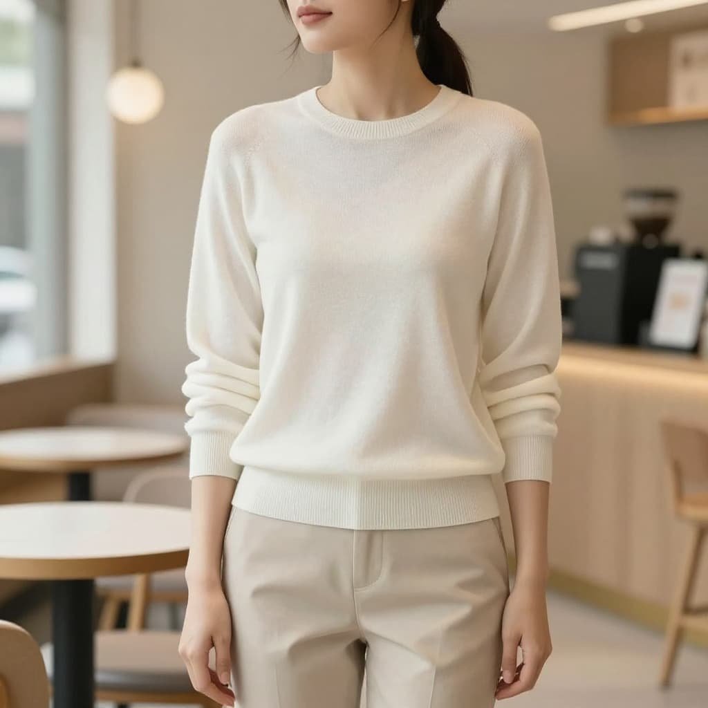 Person stands relaxed and upright in brightly lit modern cafe, wearing sweater and trousers with serene expression.