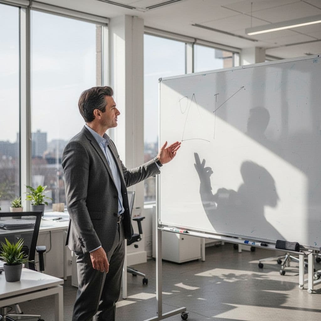 Confident person stands in bright modern office looking at whiteboard with simple notes.