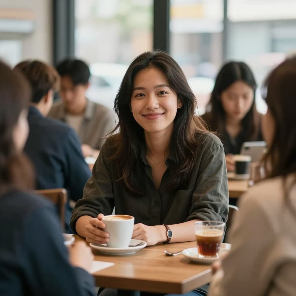 A person sits smiling confidently with a group in a bright coffee shop.