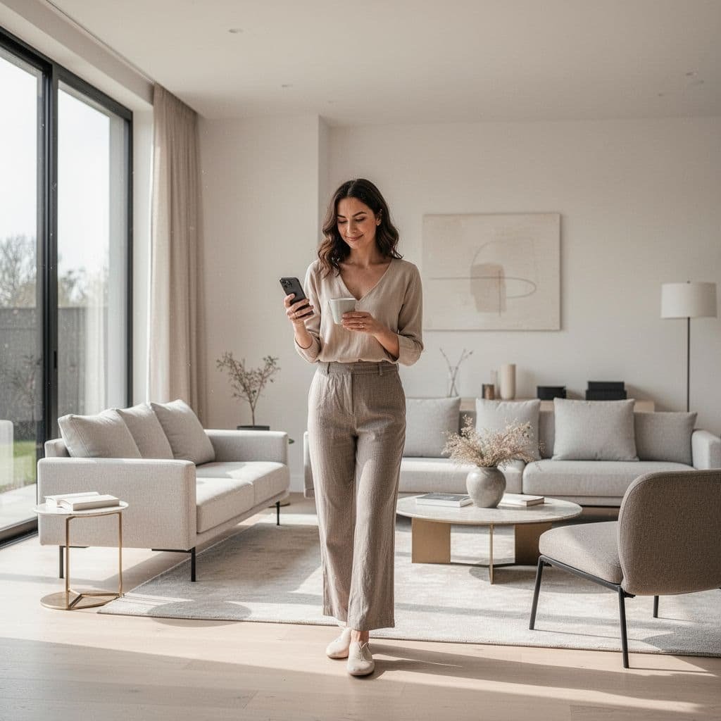 Woman stands relaxed in bright minimalist living room, calmly holding phone.