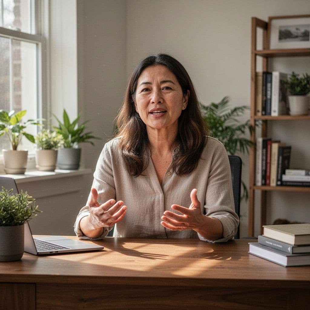 Woman sits at desk in well-lit home office, speaking calmly with confident kind expression.