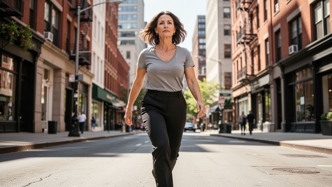 Confident woman in her 40s mid-stride on urban street with determined expression and head high.