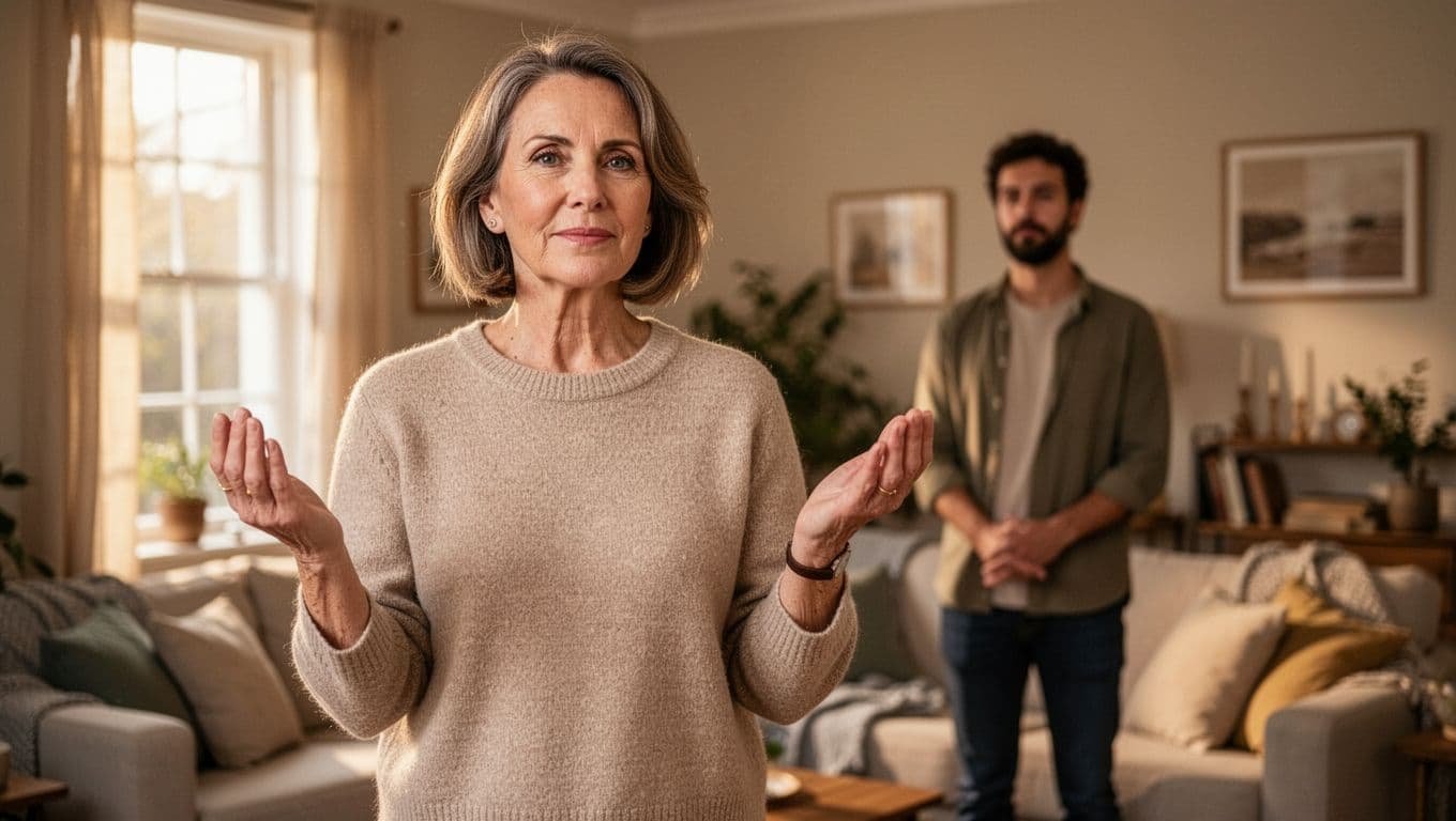 Middle-aged woman in living room raises hand in firm kind no gesture, partner listens in background.