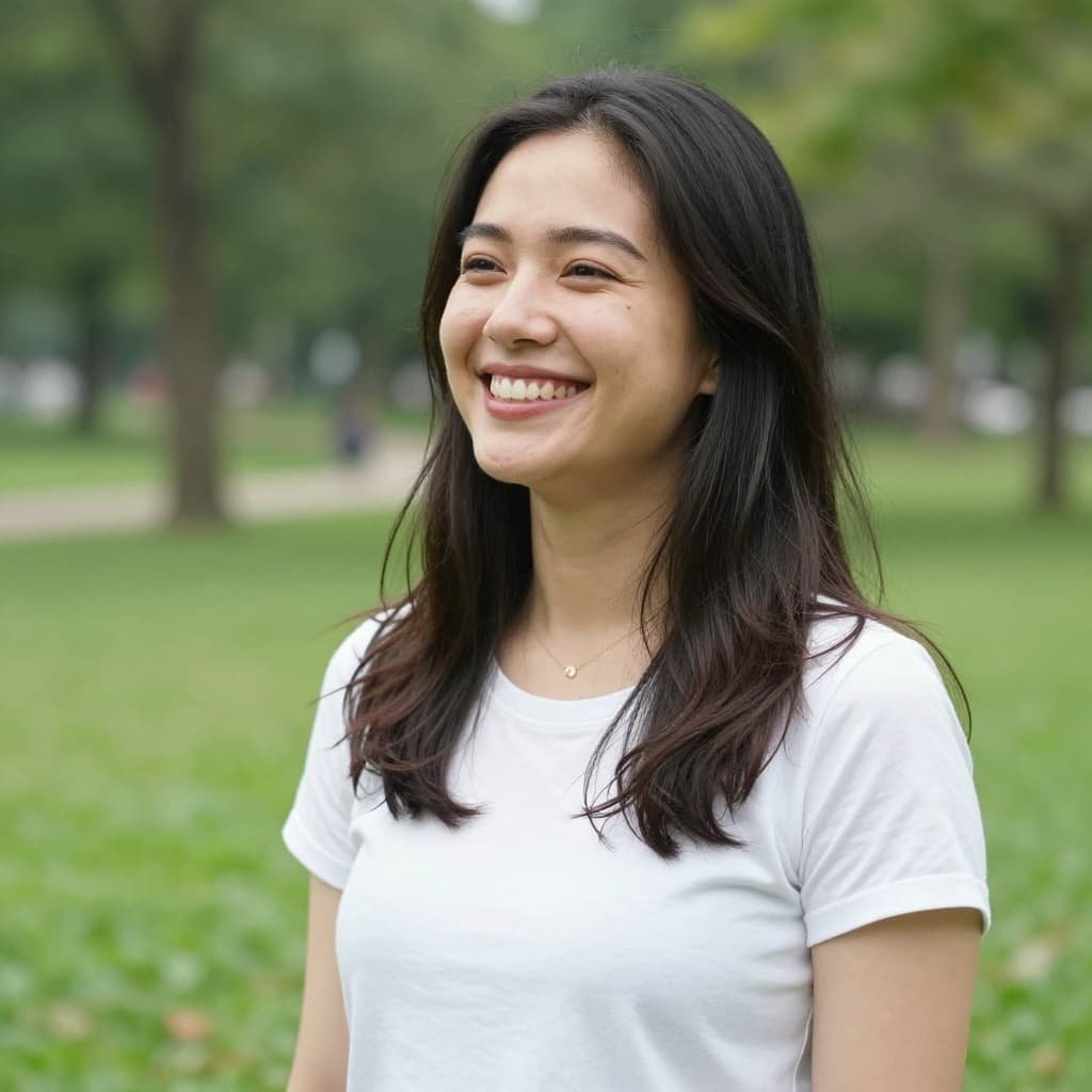 A woman stands in a park smiling genuinely.