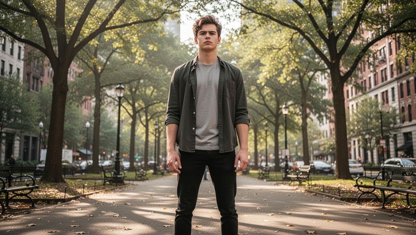 Young man stands tall with determined confident expression in daytime urban park.