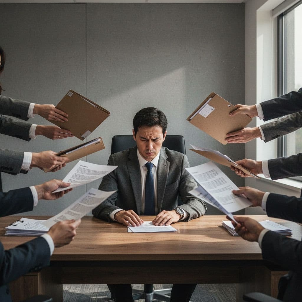 Person at office desk looks conflicted as multiple hands offer folders and papers.